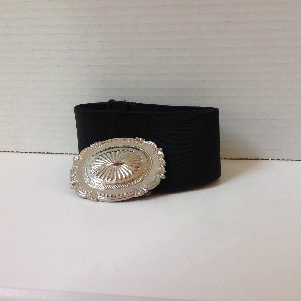 Vintage Black Stretch Belt Silver Buckle Medallion